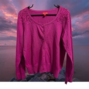 Elle Fuchsia Sweater Knit Butt Cardigan with Sequin Embellished Shoulders size L